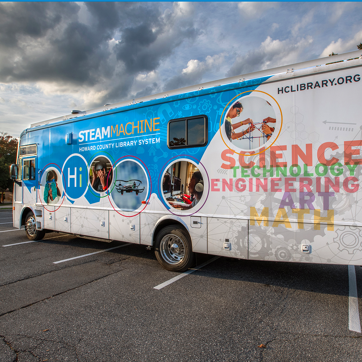 side view of the STEAM machine, a mobil classroom that provides academic and social enrichment through science, technology, engineering, arts, and mathematics based activities.