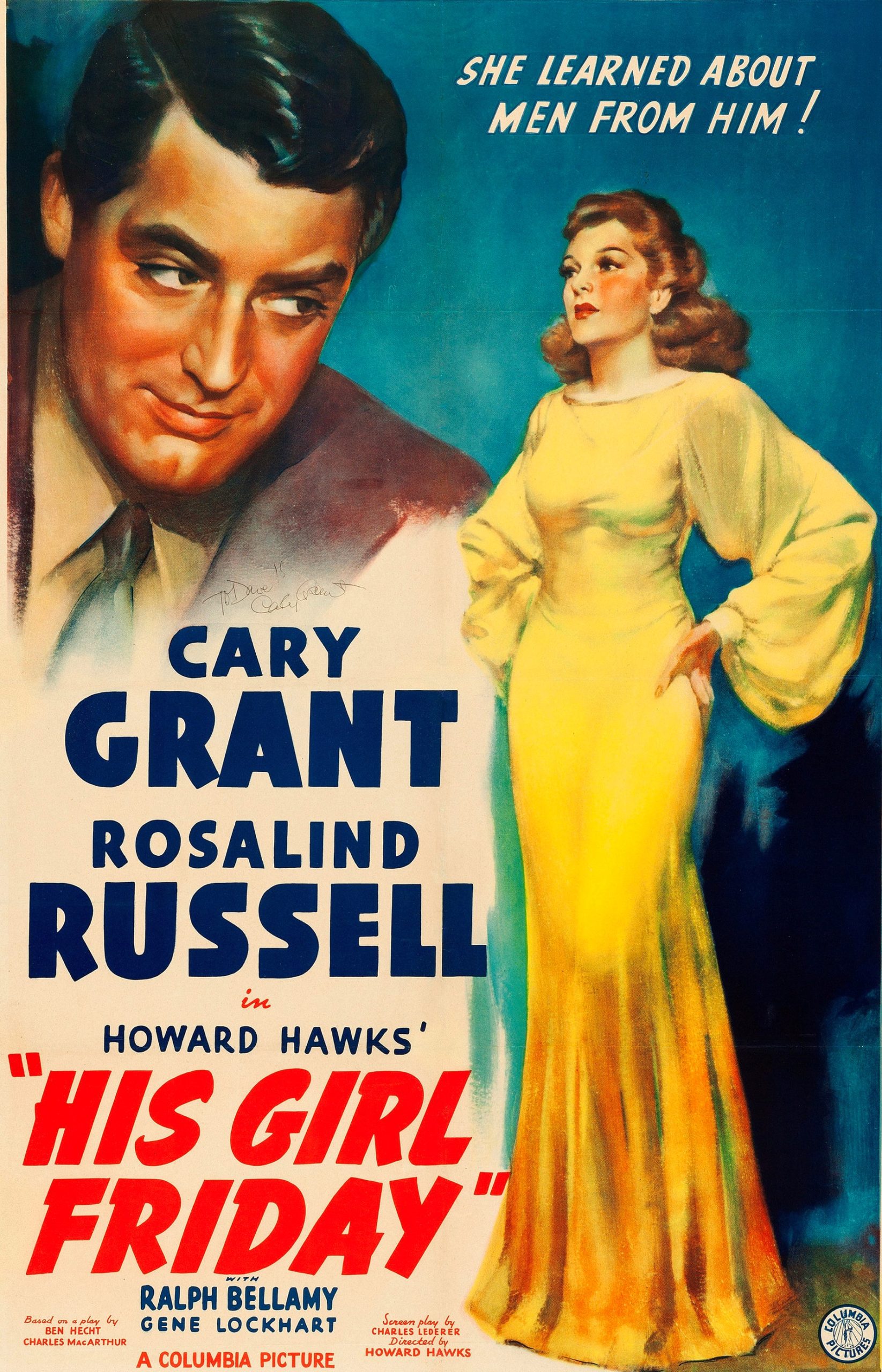 Marquee poster of His Girl Friday staring Cary Grant and Rosalind Russell, who appear wearing a long yellow dress with wide sleeves.