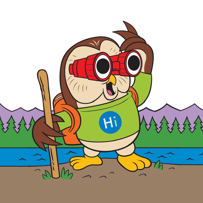 Owl mascot with binoculars and walking stick by water, trees, and mountains.