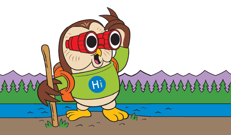 Owl mascot with binoculars and walking stick by water, trees, and mountains.